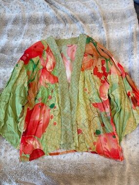 Powder Lightweight Floral Watercolor Kimono - Green & Coral OS
